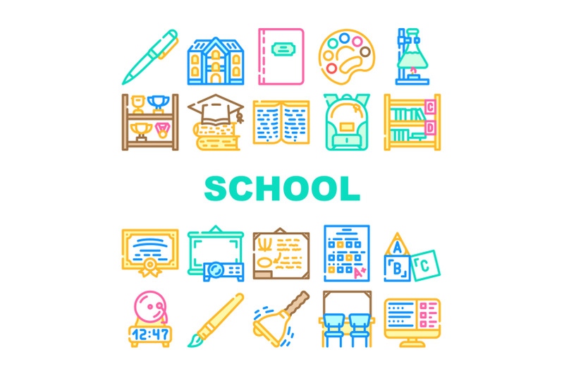 school-stationery-accessories-icons-set-vector