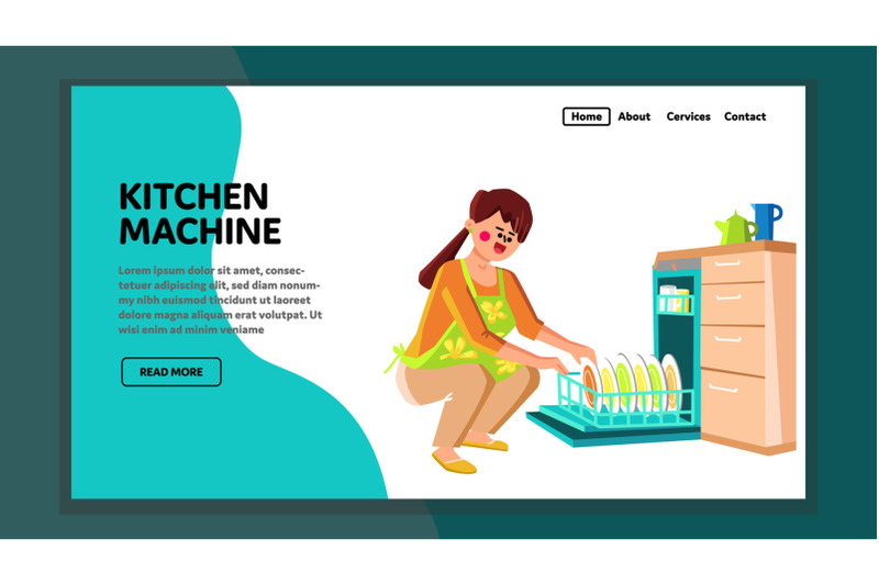 kitchen-machine-woman-using-for-wash-dishes-vector