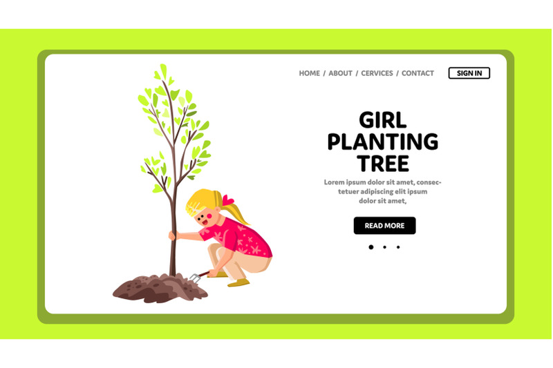 child-girl-planting-tree-in-garden-outdoor-vector