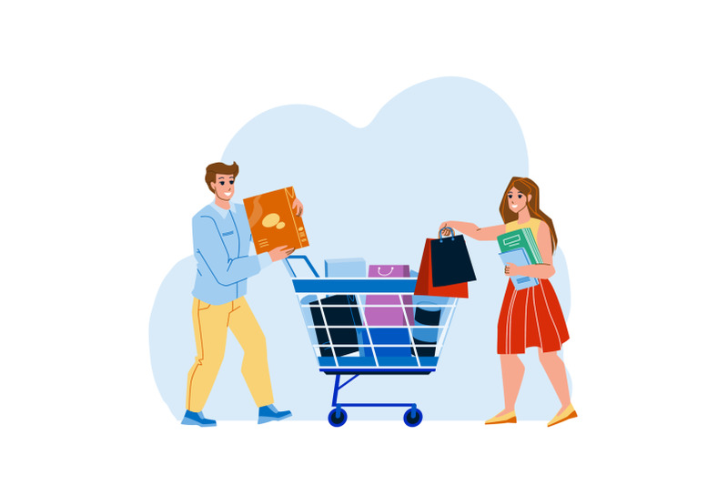 shoppers-couple-goods-add-to-cart-in-market-vector