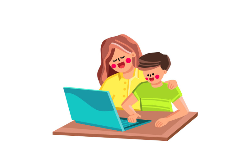 boy-son-studying-on-computer-with-mother-vector