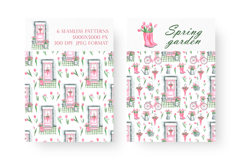 tulips-digital-paper-seamless-pattern-spring-garden-watering-can