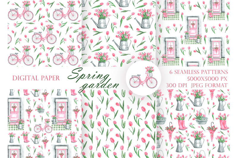 tulips-digital-paper-seamless-pattern-spring-garden-watering-can