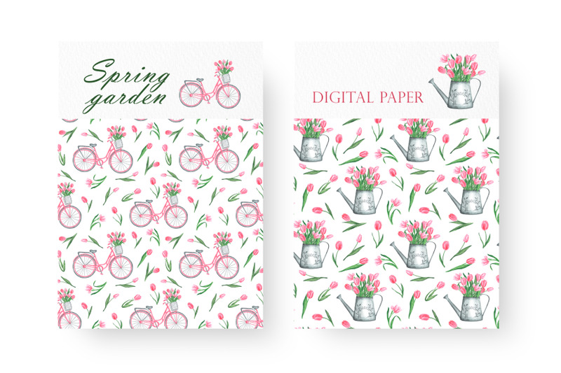 tulips-digital-paper-seamless-pattern-spring-garden-watering-can