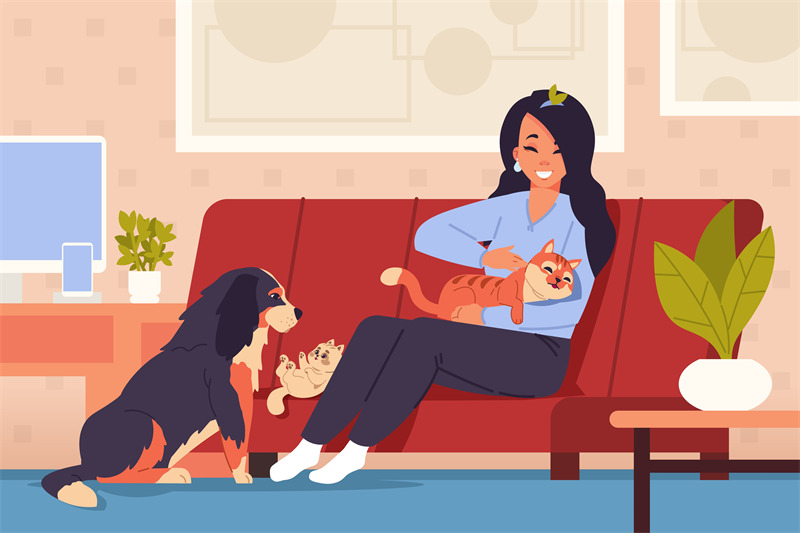 woman-at-home-with-pets-cartoon-girl-character-relaxing-on-couch-with