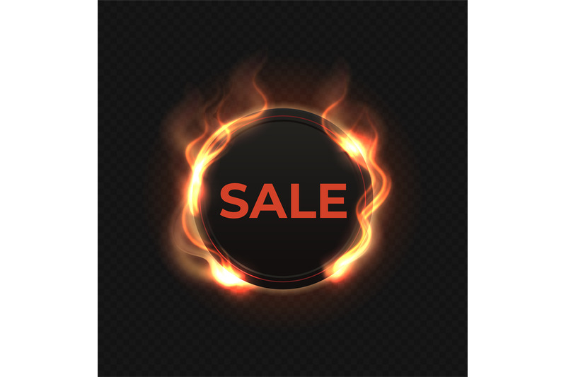 fire-sale-label-realistic-flame-banner-burned-round-black-shape-with