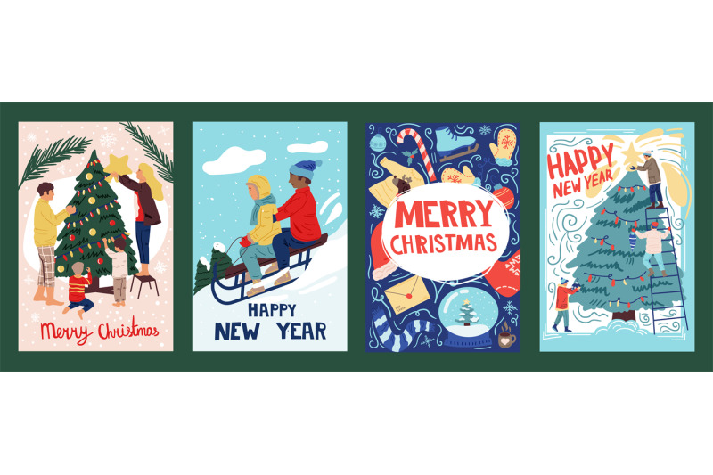 christmas-greeting-cards-winter-holidays-banners-people-decorate-fir