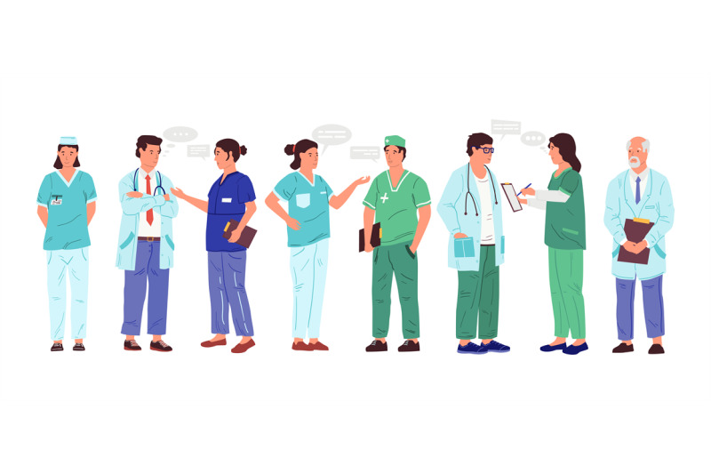 nurse-and-doctor-cartoon-medical-workers-with-speech-bubbles-isolate