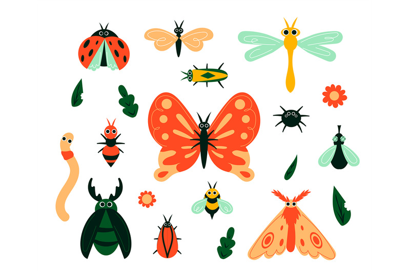 cartoon-bugs-garden-insects-and-plant-leave-or-flowers-isolated-butt