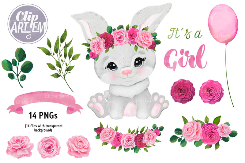 sweet-girl-bunny-pink-floral-crown-watercolor-bundle-14-png-images