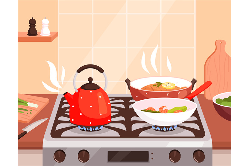 kitchen-cooking-boiling-in-pans-on-gas-stove-burning-and-steam-from-p