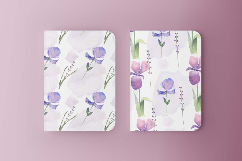 blue-iris-watercolor-seamless-patterns-set