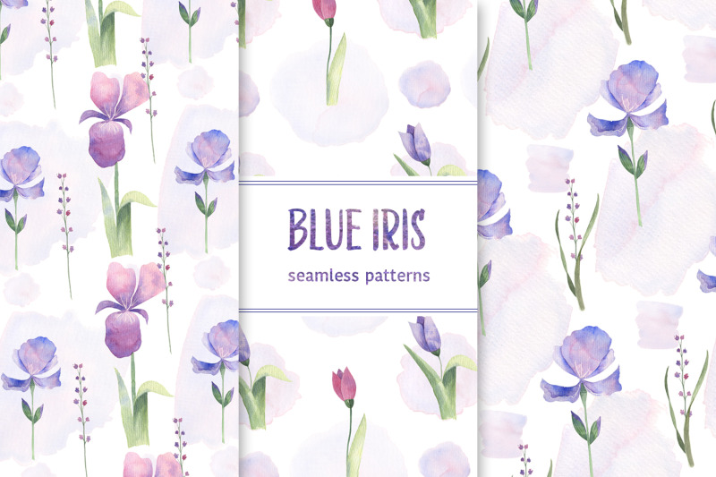 blue-iris-watercolor-seamless-patterns-set