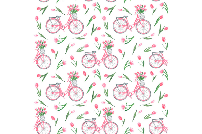bicycle-with-tulips-watercolor-seamless-pattern-pink-bike-spring