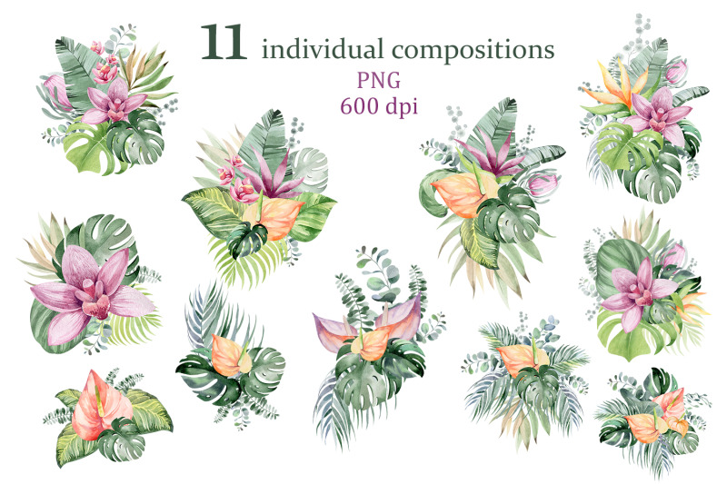 set-of-tropical-bouquets-watercolor-flowers-png-for-sublima