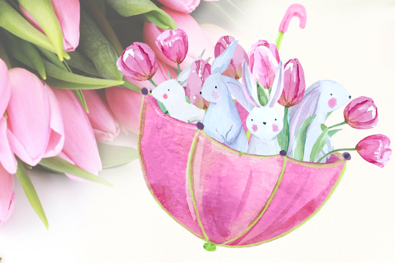 spring-rabbits-watercolor-clip-art-set