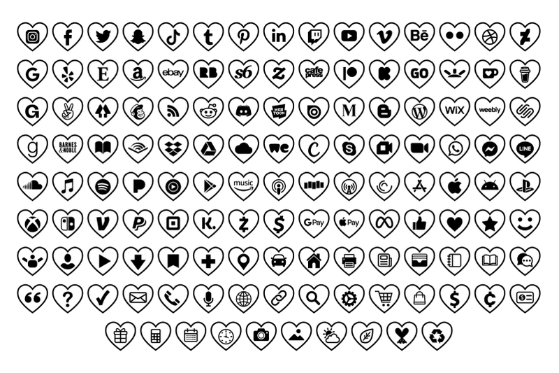 heart-outline-social-media-icons-set