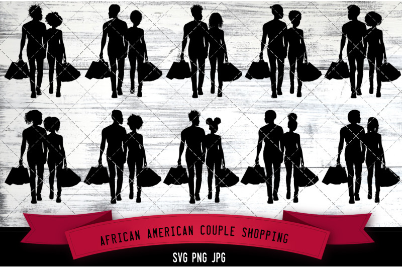 african-american-couple-shopping-silhouette-vector