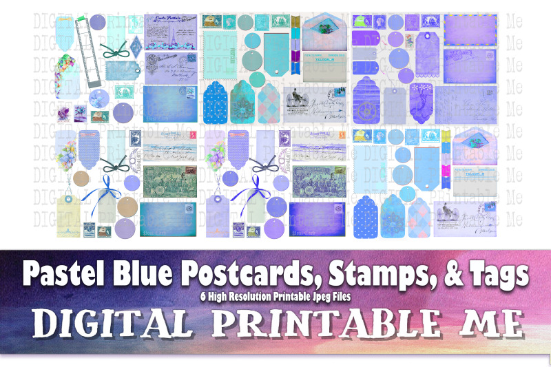 postcards-stamps-tags-pastel-blue-junk-journal-kit-vintage-supplies