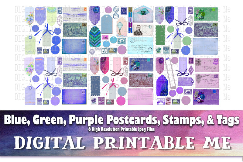 postcards-stamps-tags-junk-journal-supplies-vintage-blue-green-purpl