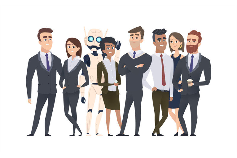 business-team-portrait-modern-office-group-managers-and-robot-happy