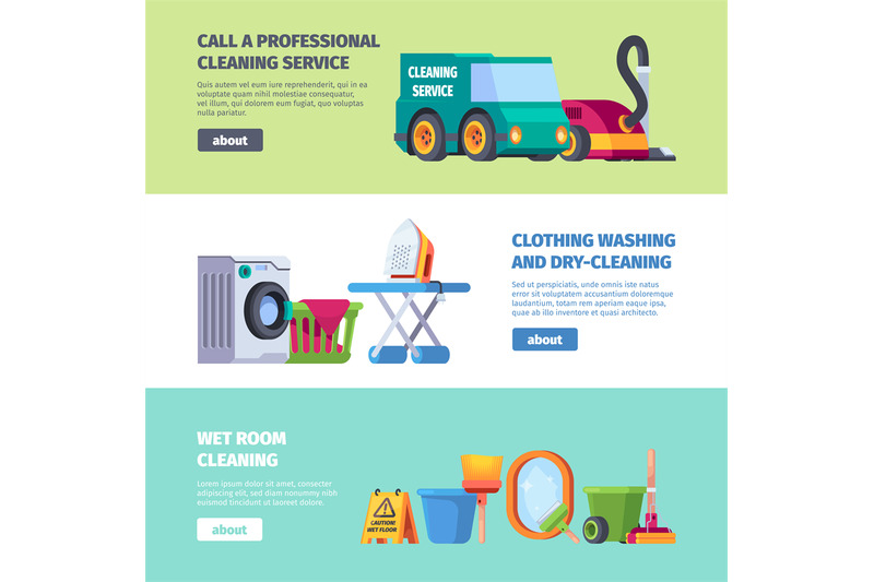 cleaning-service-banners-washing-staff-laundry-tools-broom-bucket-rag