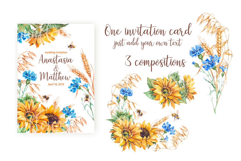 watercolor-sunflowers-cornflowers-and-bees-set