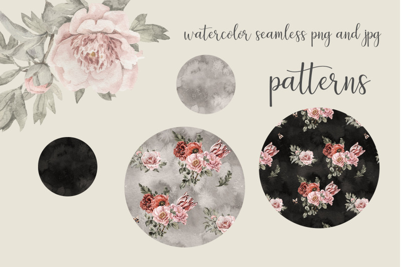 dark-vintage-flowers-and-bees-set-pink-peonies-red-poppies