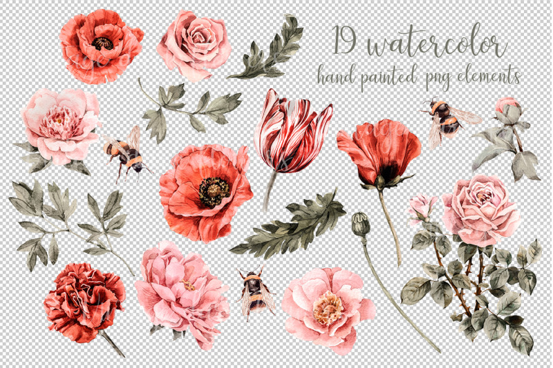 dark-vintage-flowers-and-bees-set-pink-peonies-red-poppies