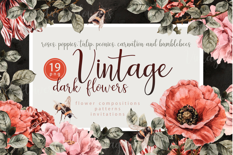 dark-vintage-flowers-and-bees-set-pink-peonies-red-poppies