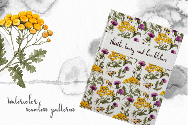 thistle-tansy-bumblebees-watercolor-summer-flowers