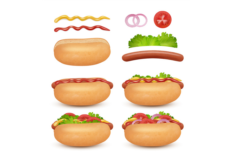 hotdog-realistic-sausages-buns-meals-tomato-sauce-fast-food-hamburger