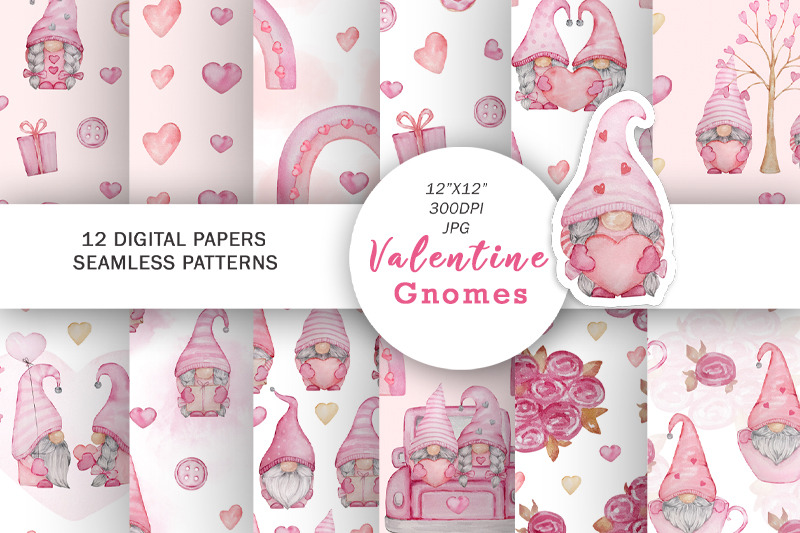 watercolor-valentine-gnomes-digital-papers