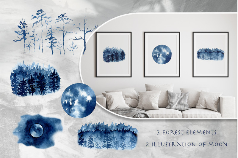 watercolor-blue-forest-and-graphic-wild-animals-gold-texture
