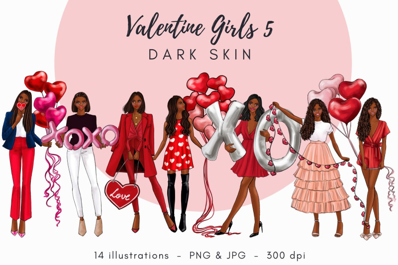valentine-girls-5-dark-skin-watercolor-fashion-clipart