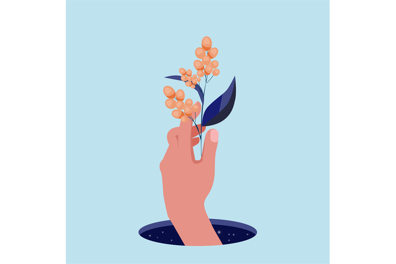 hand-with-flower-universe-hole-with-stars-and-red-human-hands-arm-ho