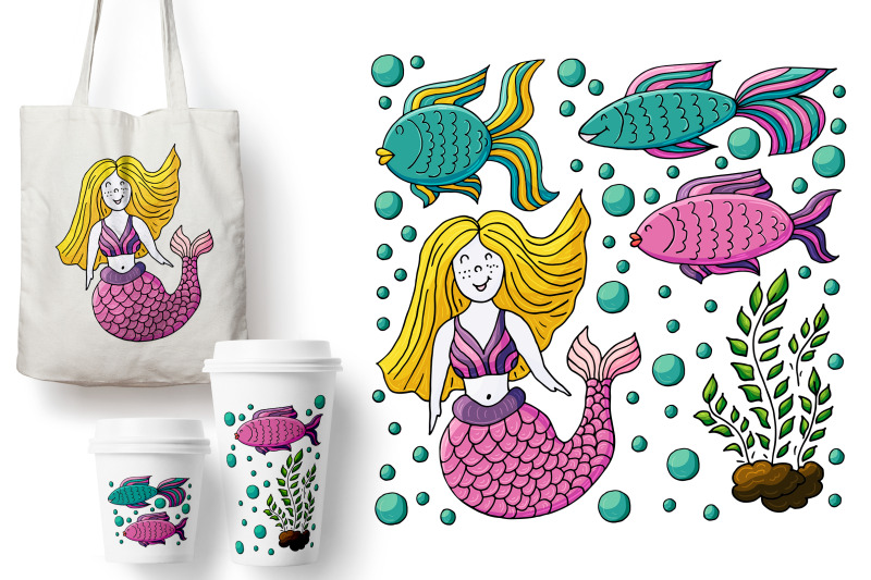 set-of-illustrations-seaweed-fish-mermaid