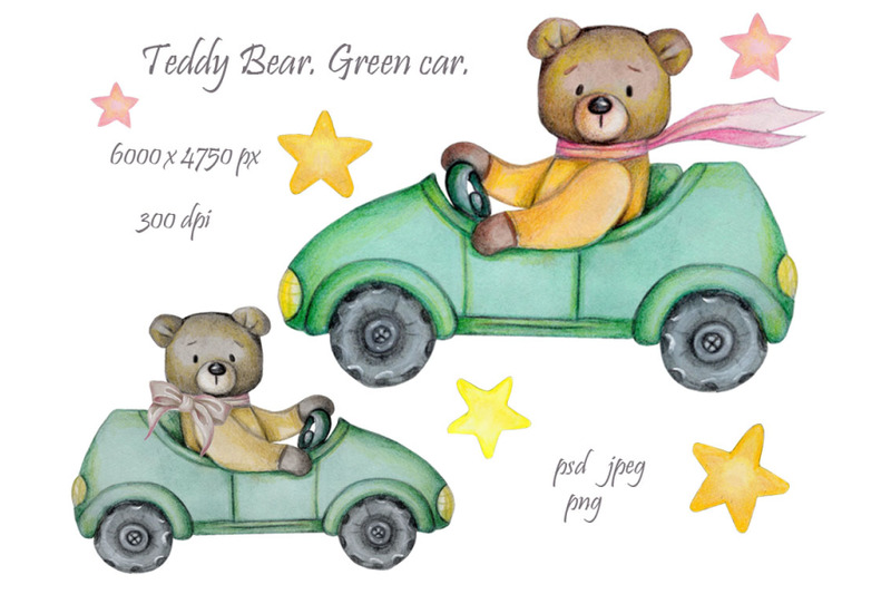 teddy-bear-in-green-car-watercolor-illustration
