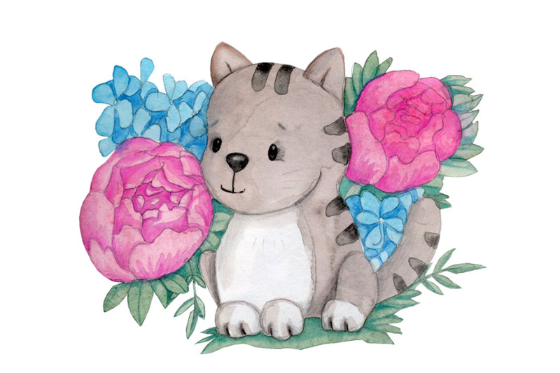 cat-and-flowers-watercolor-illustration