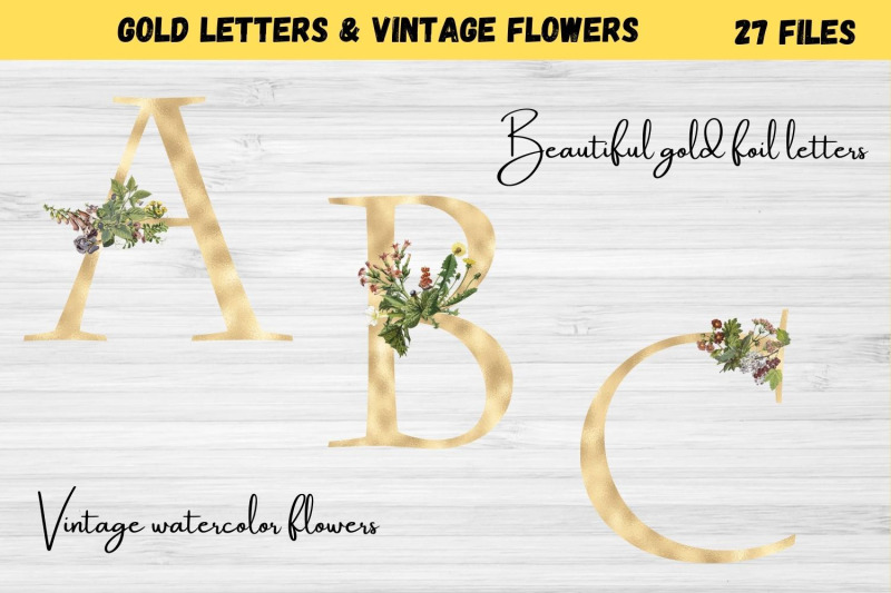 gold-foil-alphabet-with-vintage-flowers