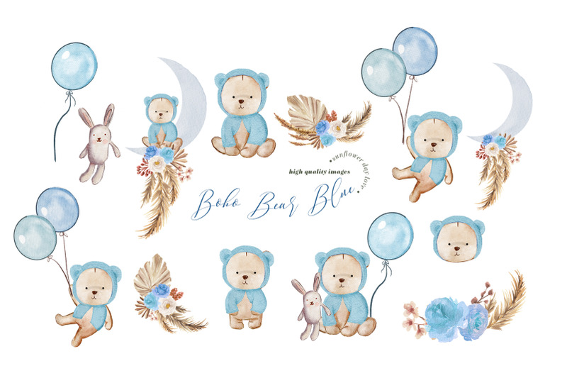 bear-boho-pampas-grass-clipart-dried-palm-leaf-blue-balloon
