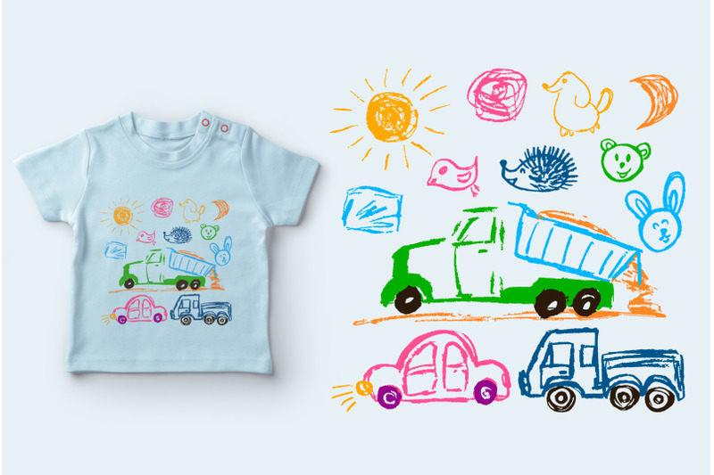 children-039-s-drawings-truck-with-sand-cars-sun-faces