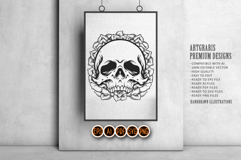 silhouette-rose-skull-frame-tattoo-svg