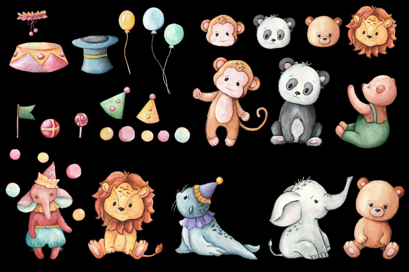 circus-watercolor-clipart-bear-elephant-panda-clip-art