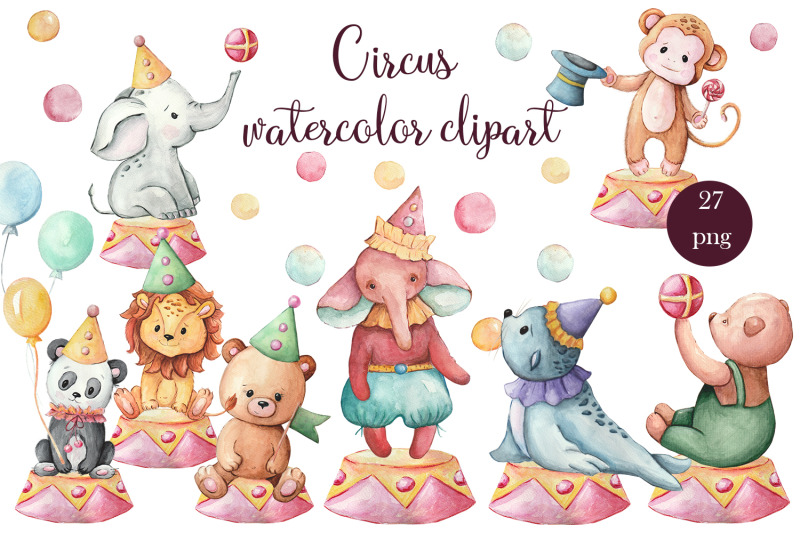 circus-watercolor-clipart-bear-elephant-panda-clip-art