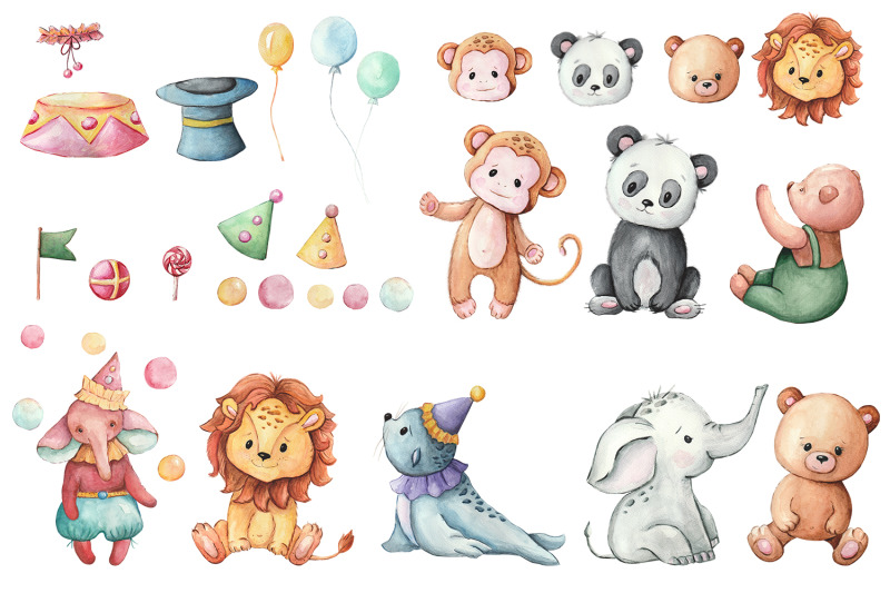 circus-watercolor-clipart-bear-elephant-panda-clip-art