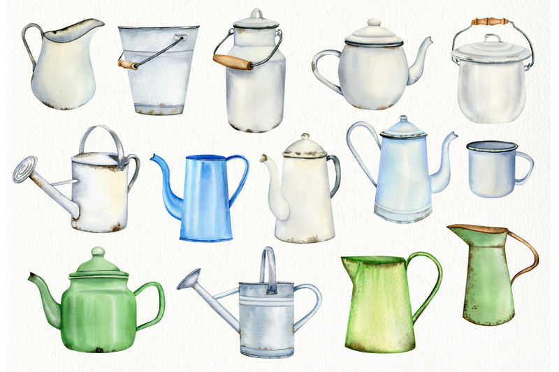 watercolor-rusty-enamelware-clipart-set-hand-painted-vintage-cottage