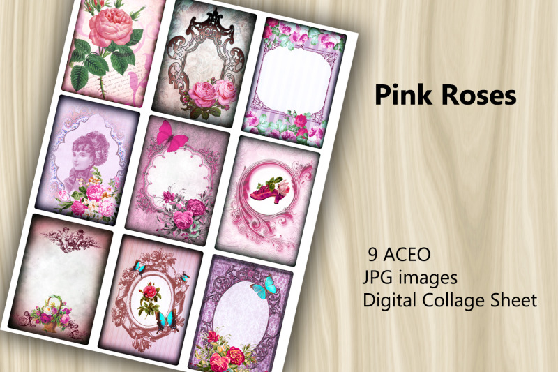 aceo-digital-collage-sheet-pink-roses