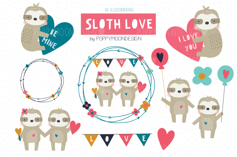 sloth-love-clipart-set