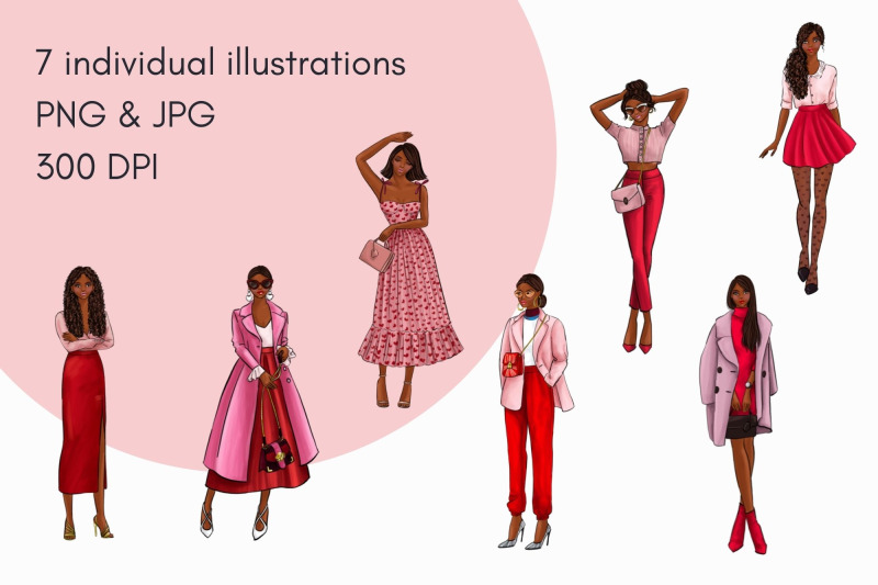 girls-in-red-amp-pink-3-dark-skin-watercolor-fashion-clipart